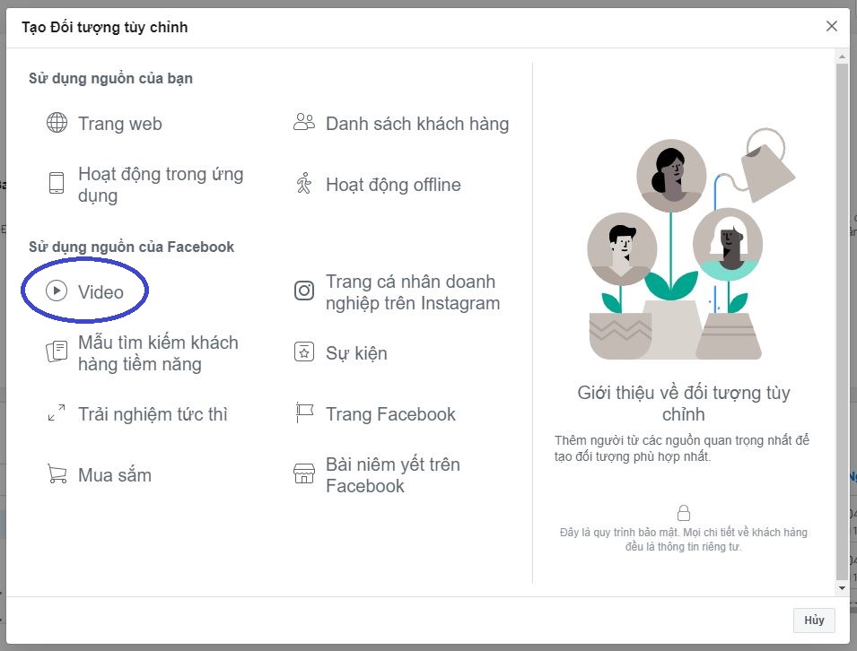 tạo đối tượng target facebook ads tùy chỉnh video