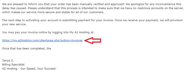 xác nhận đơn hàng từ a2 hosting sau khi bị từ chối